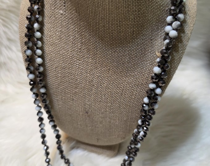Black and White Beaded Necklace Set – 60 Inch Faceted Glass Strands - Game Day Wear