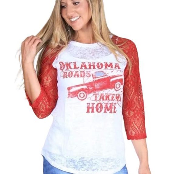 Oklahoma Roads Take Me Home Lace Sleeve Raglan Top