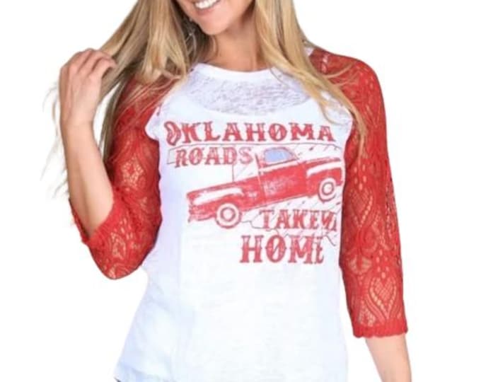 Oklahoma Roads Take Me Home Lace Sleeve Raglan Top