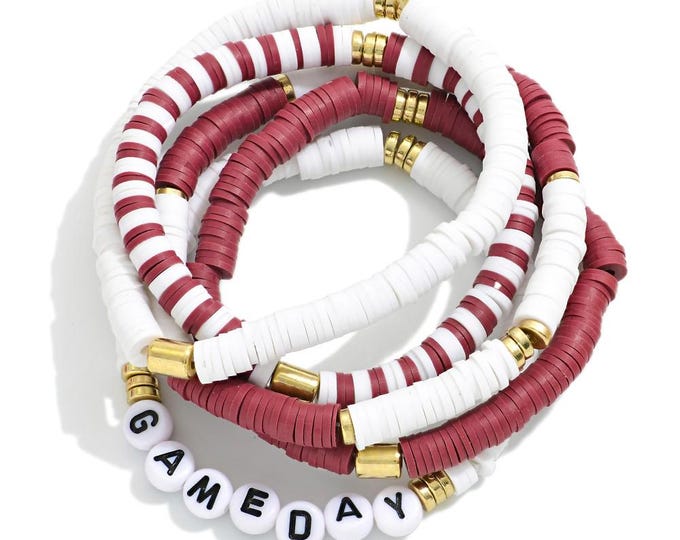 Burgundy (Deep Marron) and White Beaded Stretch Bracelet Set - Game Day / Touchdown -  Texas A&M University_ Mississippi State_ Commanders