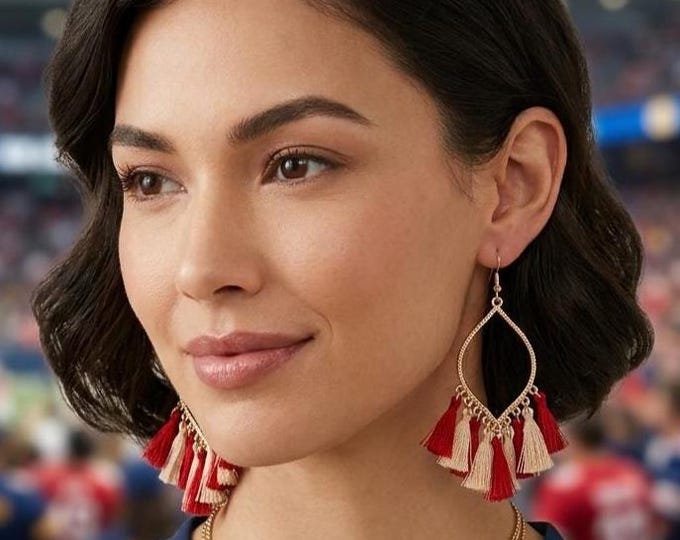 GameDay Ready: Red and White Feather Yarn Tassel Earrings with Fishhook Closure _ Alabama _ Arkansas_ Ohio State