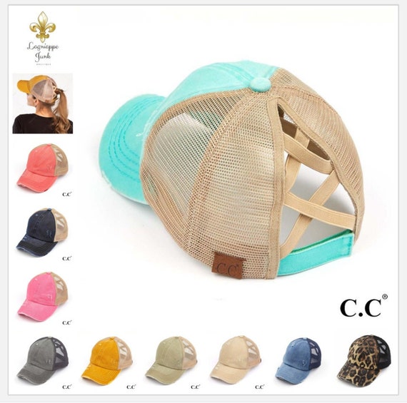 C.C Distressed Mesh Criss Cross High Ponytail Cap - Messy Bun Cap- High Ponytail Ball Cap- Cross Banded Baseball Cap