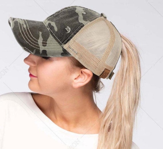 C.C Camouflaged Mesh High Ponytail Cap - Messy Bun Pony Cap- High Ponytail Ball Cap- Olive, Grey, Blue, Coral, Mint
