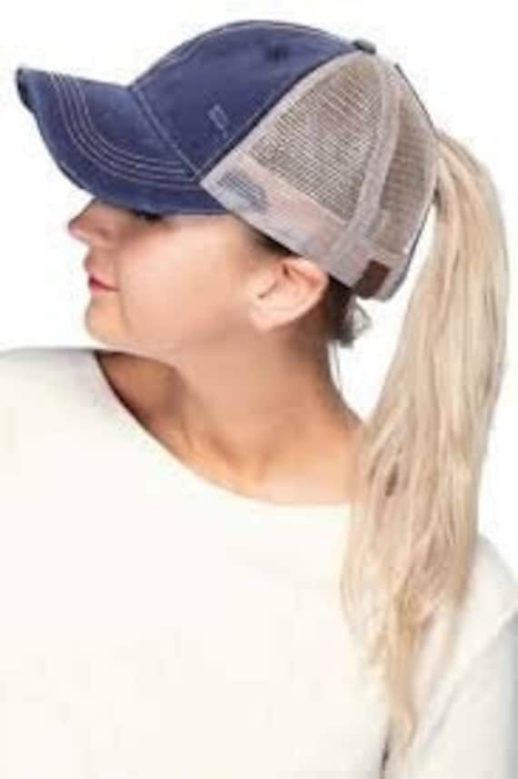 C.C Washed Mesh Back High Pony CC Ball Cap - High Ponytail Baseball Cap - CC Hat - Women's Ball Cap