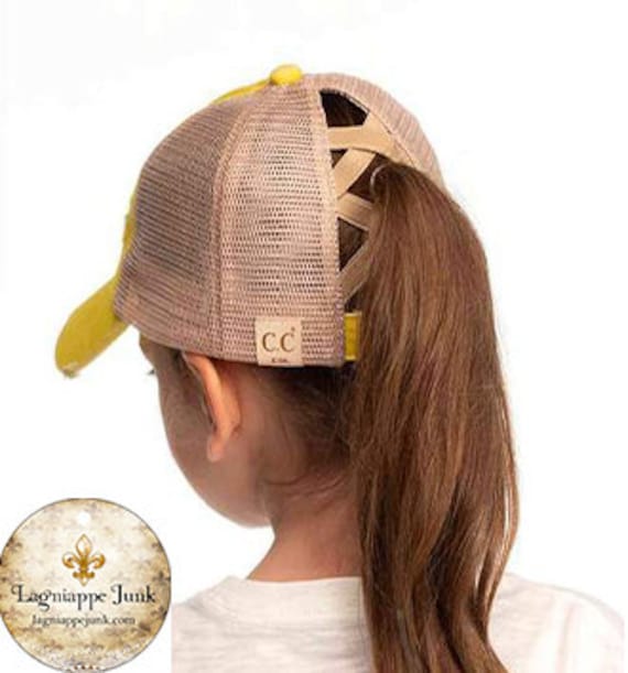 C.C KIDS Distressed Mesh Criss Cross High Ponytail Cap - Messy Bun Cap- High Ponytail Ball Cap- Cross Banded Baseball Cap- Kids Cap