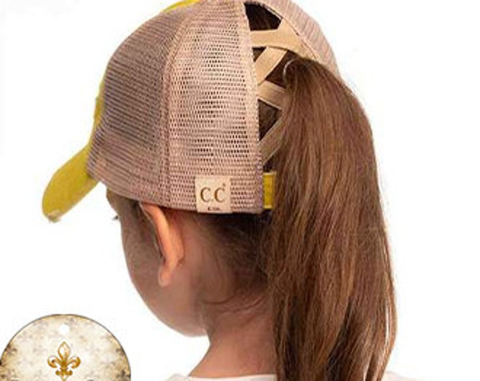 C.C KIDS Distressed Mesh Criss Cross High Ponytail Cap - Messy Bun Cap- High Ponytail Ball Cap- Cross Banded Baseball Cap- Kids Cap