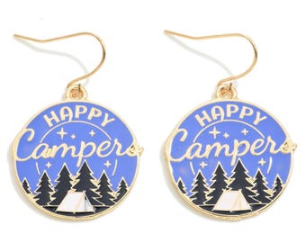 Blue and Black 'Happy Camper' Round Drop Earrings