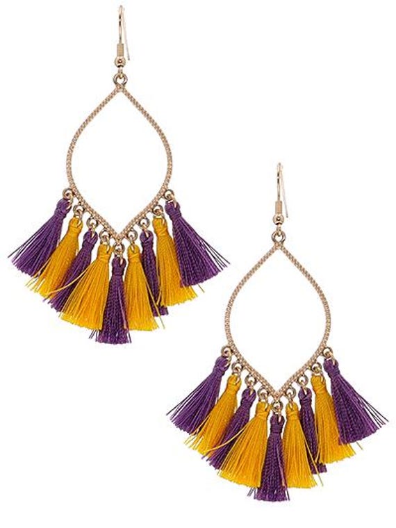 Purple and Golds Feather Yarn Tassel Earrings