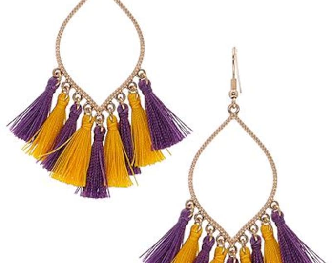 Purple and Golds Feather Yarn Tassel Earrings