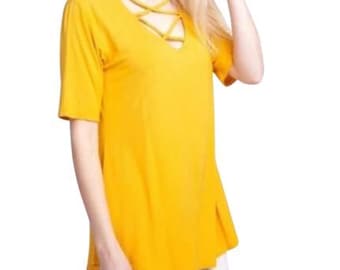 Mustard Criss Cross Halter Tunic Top Blouse