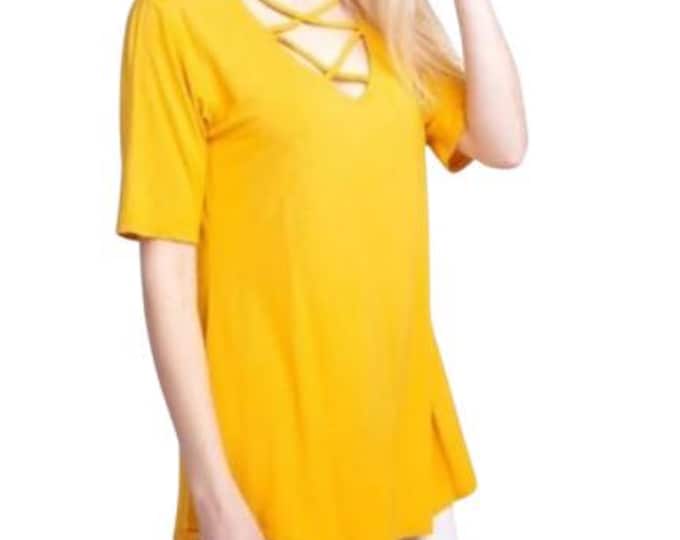 Mustard Criss Cross Halter Tunic Top Blouse