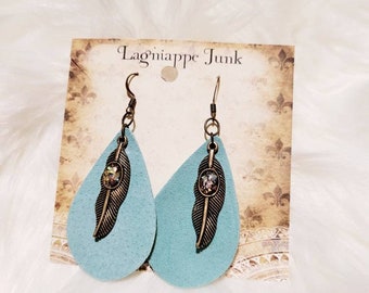 Santa Fe Feather Leather Teardrop Earrings - Western Style Earrings
