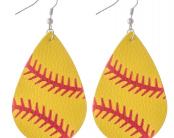 Faux Leather Softball Teardrop Earrings