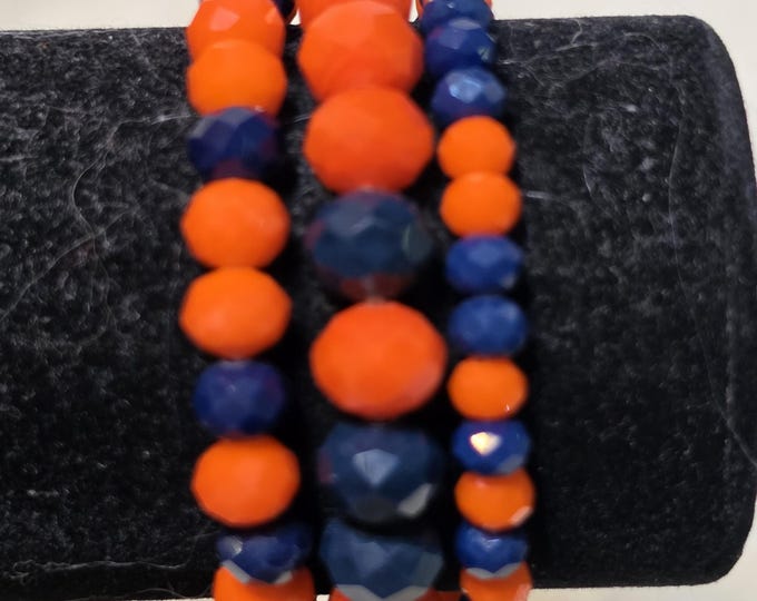 Navy & Burnt Orange Multi Strand Beaded Stretch Stackable Bracelet Set - Game Day - Auburn Tigers