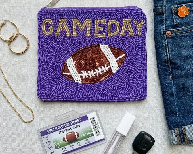 Seed Bead Gameday Football Coin Pouch | Purple Gold LSU Tailgate Purse