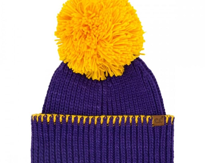 LSU Purple and Gold Game Day Team Beanie With Yarn Pom - LSU Team Spirit Wear - CC Brand