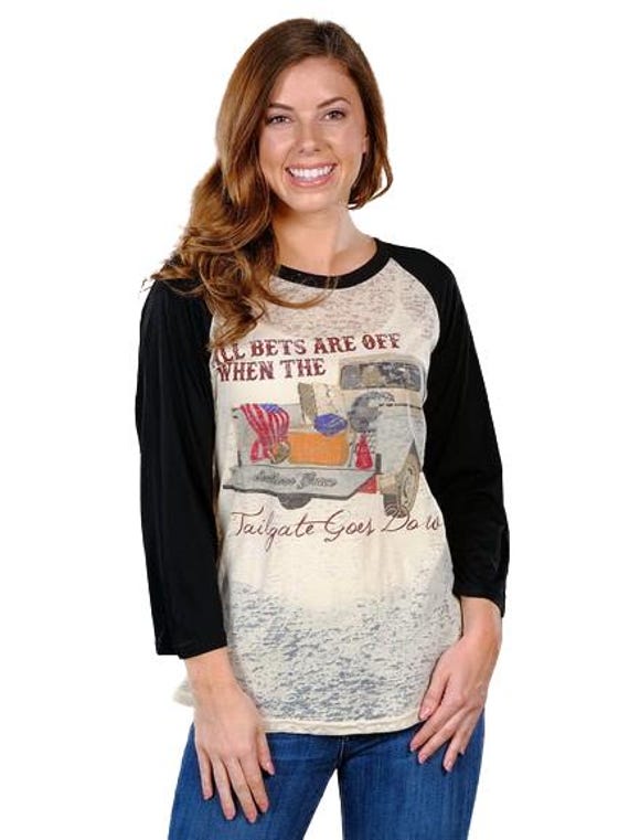 Ladies Tailgating Football- Black Lace Sleeve Raglan Top