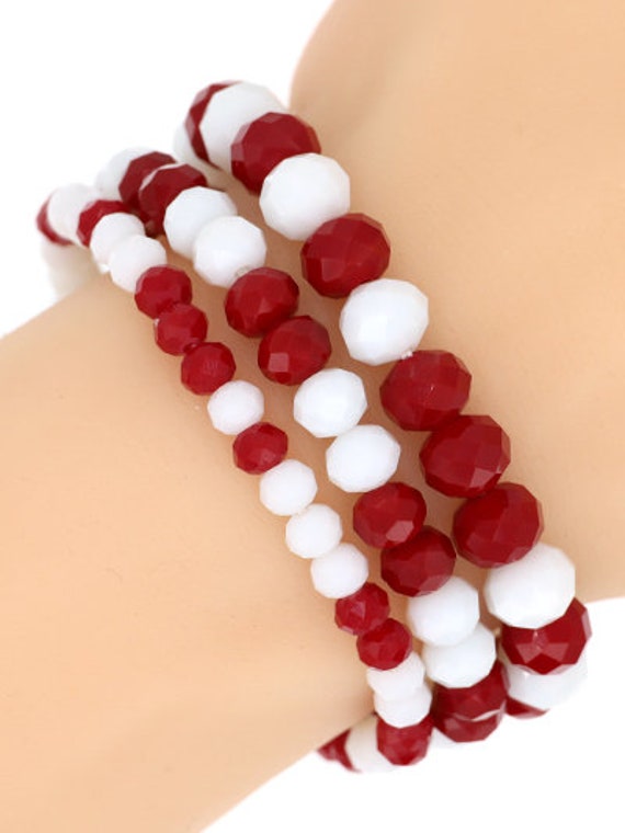 Red & White Beaded Stretch Bracelet Set - Game Day
