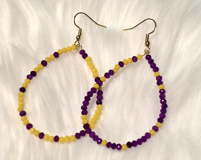 Purple and Gold Glass Bead Teardrop Earrings - Game Day - LSU
