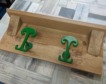 Green ornate metal coat hook rack handcrafted from reclaimed wood and metal
