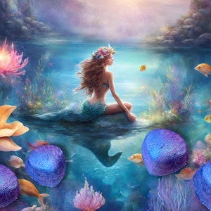 Peut inclure: Une sirène aux longs cheveux flottants est assise sur un rocher dans une scène sous-marine bleue et verte. Elle porte une couronne de fleurs et une queue verte. Il y a des poissons colorés et des coraux en arrière-plan.