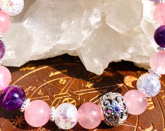 Bracelet energy appeasement protection comfort rose quartz amethyst crystal aura cracked silver plate