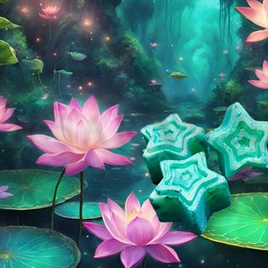 Peut inclure: Trois bombes de bain en forme d'étoile bleu turquoise avec un motif tourbillonnant, entourées de nénuphars roses et de nénuphars verts dans un décor de forêt magique.