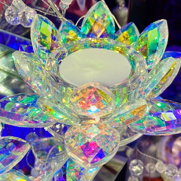 Bougeoir fleur de lotus cristal de verre arc en ciel autel feerique