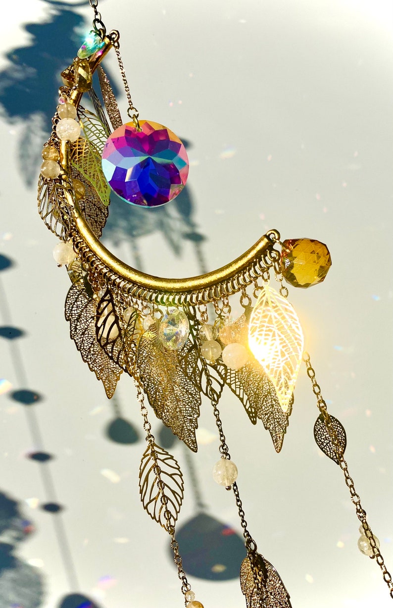 Rainbow sun catcher suncatcher half moon energizing joy of living psychic protection rutile quartz citrine hematoid quartz image 1