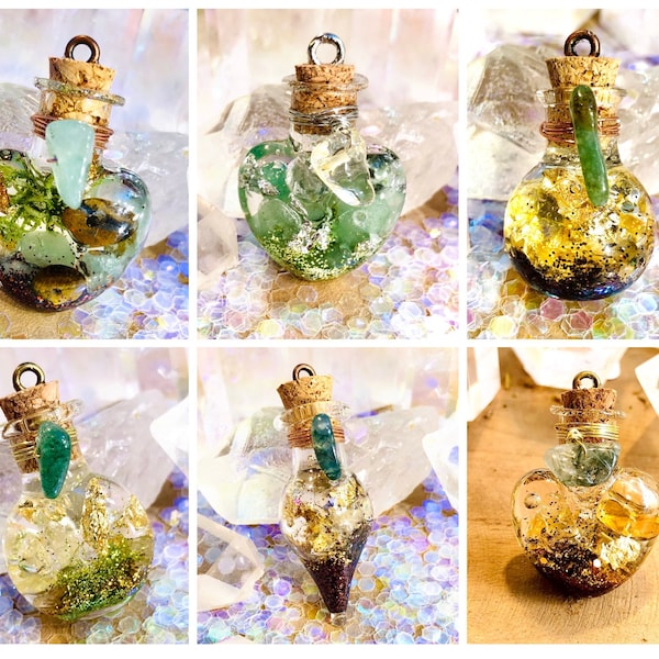 Fiole amulette « good vibes ! Chance et réussite  » aventurine verte, agate mousse, citrine, œil de tigre, porte bonheur talisman