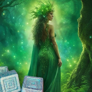 Peut inclure: Illustration numérique d'une femme en robe verte et couronne de feuilles dans une forêt verte et lumineuse. Trois objets carrés irisés sont au premier plan. L'image évoque un thème mystique et fantastique.