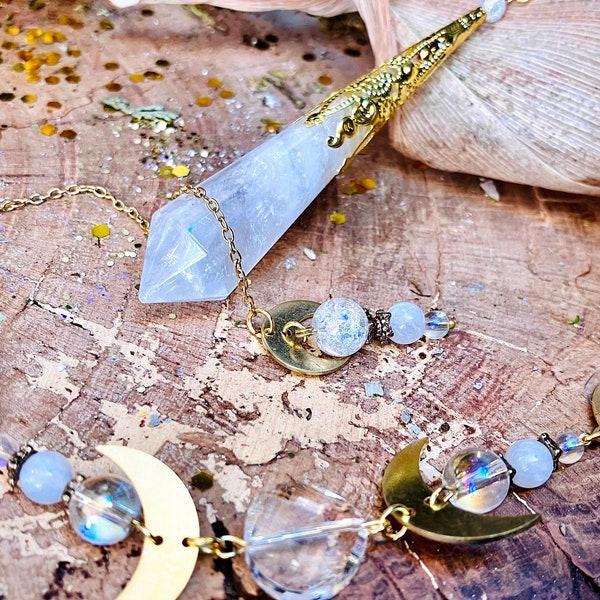Pendule cristal et pierre de lune et quartz aura ange grande phase lune wicca divination gothique