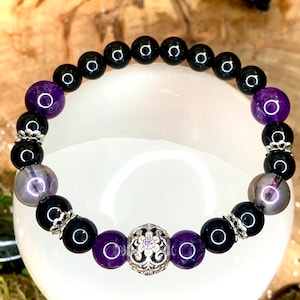 Pulseira de proteção de ametista, obsidiana celestial e aura de ametista, proteção de bruxa, energia anti negativa