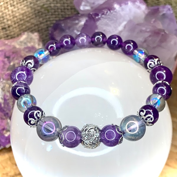 Bracelet protection et apaisement Aqua aura amethyste et améthyste aura