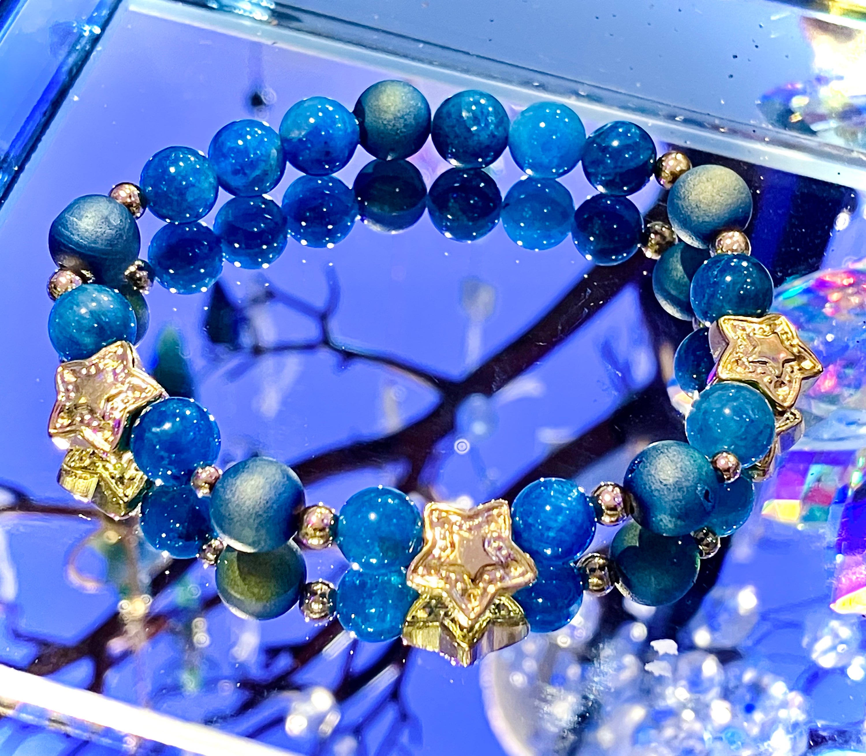 Anti-stress bracelet blue apatite star quartz tinted druzy serenite wicca witchy