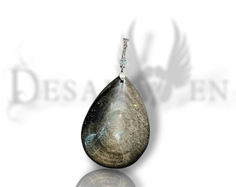 Silver obsidian pendant xl drop witchy fairy talisman protection stone
