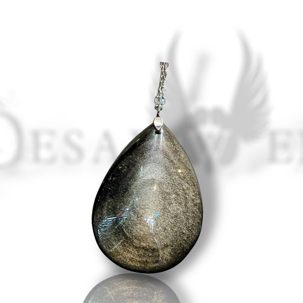 Pendentif obsidienne argentee xl goutte sorciere feerique talisman protection pierre