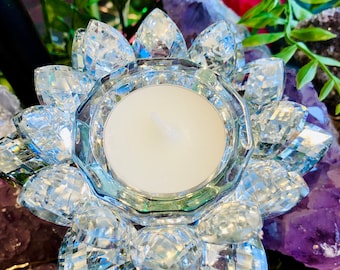 Bougeoir fleur de lotus cristal de verre argente miroir autel feerique