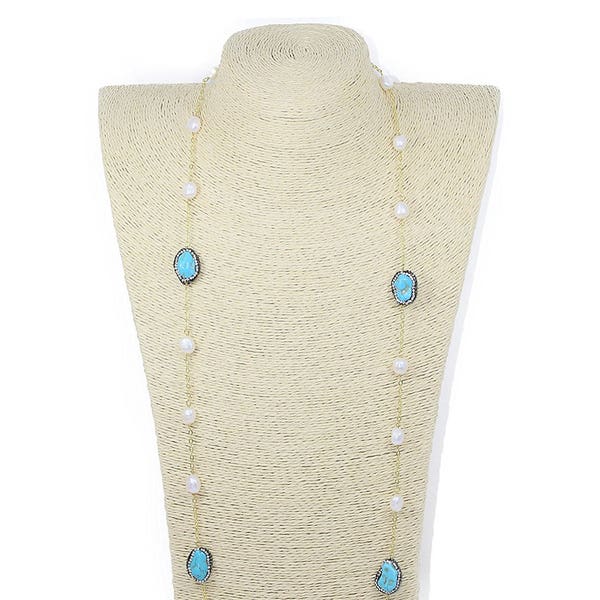 Lovely Bead Handmade 36 Inches Long Fresh Water Pearl with Pave Rhinestone Turquoise Link Necklace