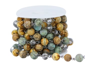 6mm and 8mm African Turquoise and Crystal Rosary Chain in Silver Wire, Antique Bronze, and Gunmetal (9.8 foots in a Roll)