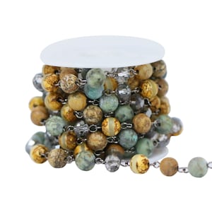 6mm and 8mm African Turquoise and Crystal Rosary Chain in Silver Wire, Antique Bronze, and Gunmetal (9.8 foots in a Roll)