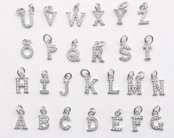 Small Silver Alphabet Letter Charms with CZ Rhinestones (8-9mm)