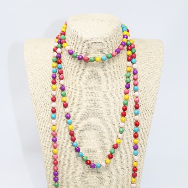 8mm Multicolor Handmade Double Knotted Round Howlite Turquoise Necklace 36 Inches Long