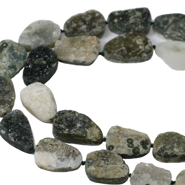 25-35mm Natural Free Form Center Drilled Dark Green Gray Druzy Nugget Bead Strand (16 Inches Long)