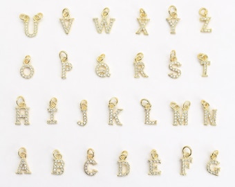 Small Gold Alphabet Letter Charms with CZ Rhinestones (8-9mm)