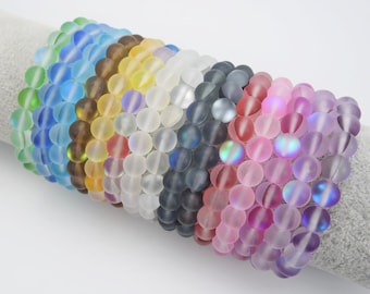 8mm Round Matte Mystic Aura Quartz Gemstone Bracelet,Mermaid Bracelet,Spectrolite, Holographic Bracelet,Glowing Aura Moonstone Bracelet