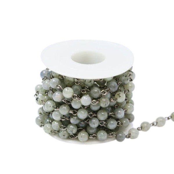 6mm Natural Smooth Round Labradorite Rosary Chain in Gunmetal Wire (9.8 feet in a roll)