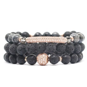 8mm Round Handmade Stretchy Lava Rock and Jasper CZ Bracelet, Oil Diffuser Bracelets, Healing Bracelets (Set of 3 or Individual)(7.5 inches)