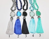 8mm Knotted Gemstone With Stone Center Piece And Tassel Pendant Necklaces (36 Inches long )