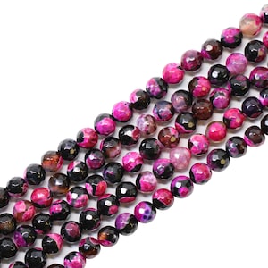 Dark Fuchsia with Black Round Faceted Agate Bead Strand (16 Inch Strand) (6mm, 8mm)